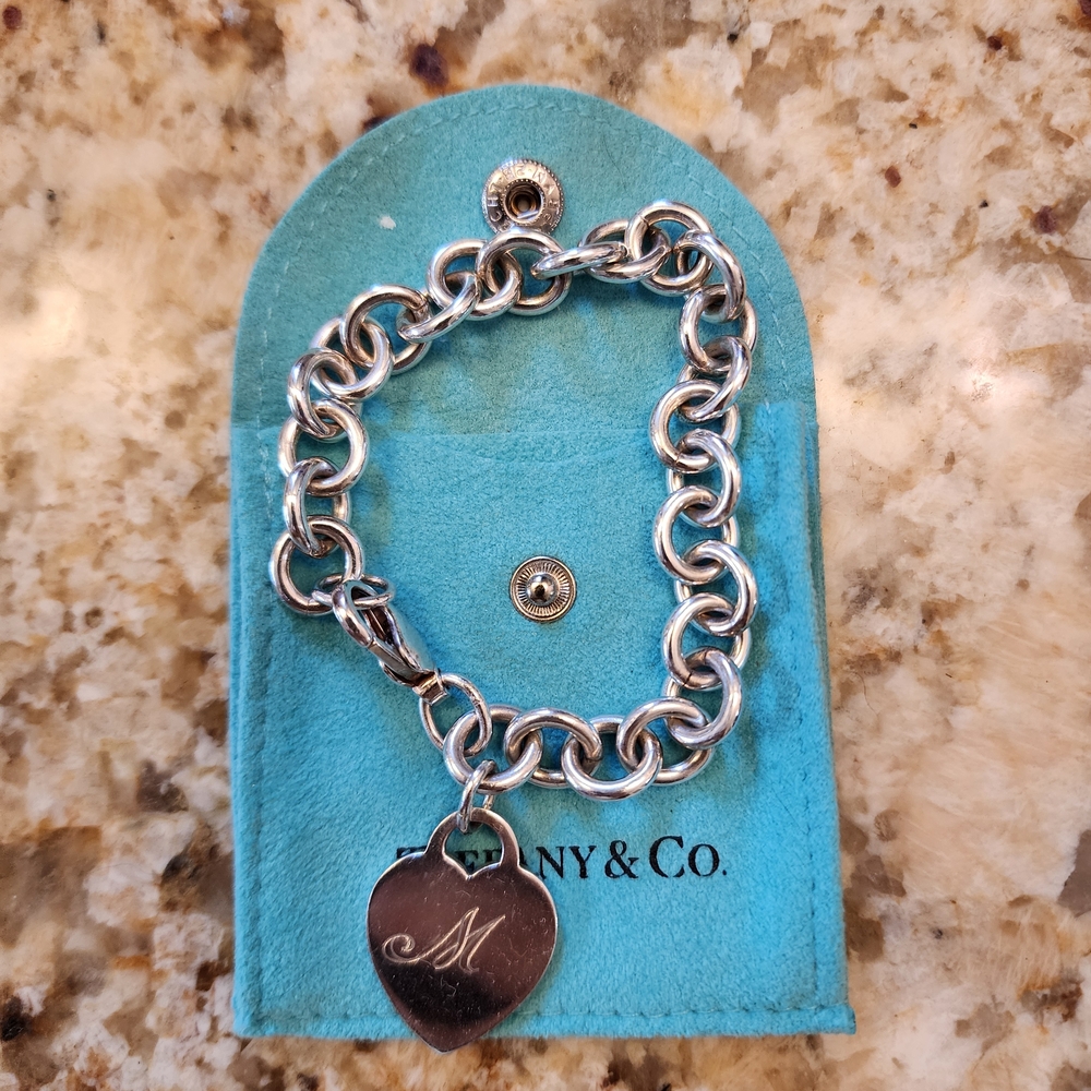 Tiffany & Co. Silver Initial Heart Bracelet Engraved With Letter "M"